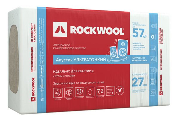 Шумоизоляция Rockwool Акустик Баттс ПРО Ультратонкий 27х600х1000 мм 7,2 кв.м